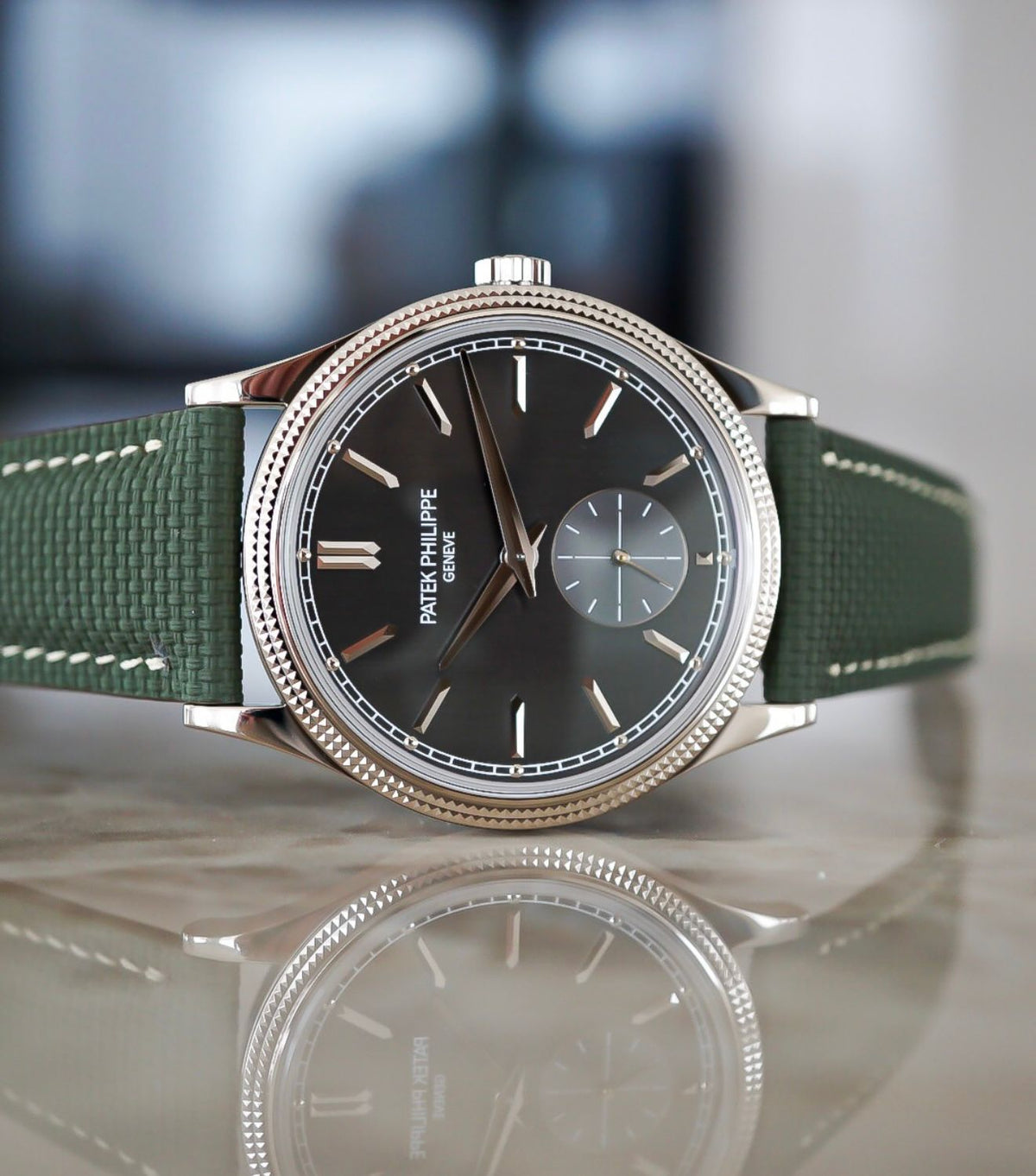 Patek Philippe Style Luxury Men’s Watch – Green Fabric Strap & Black Dial