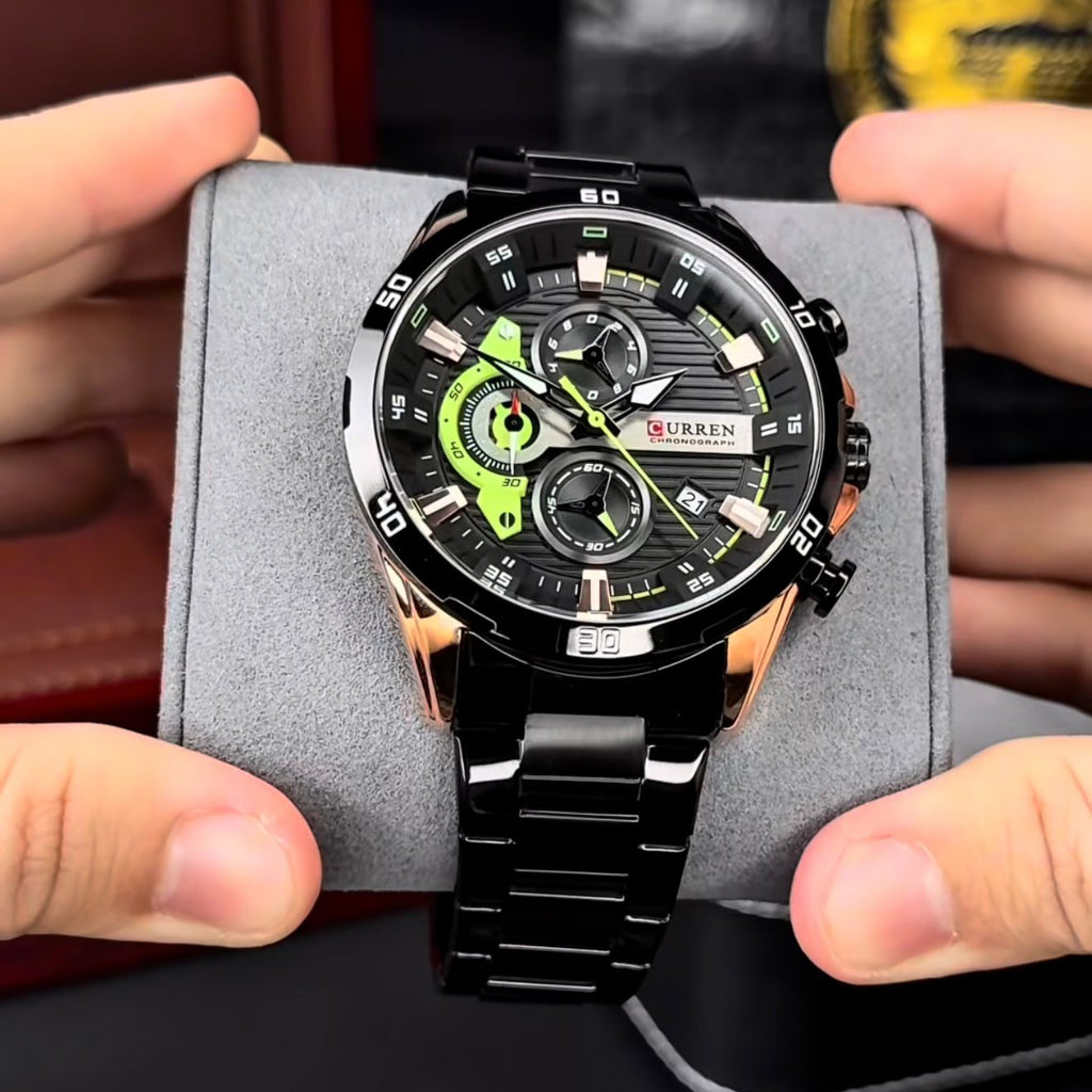 Men’s Luxury Chronograph Watch – BLACK Stainless Steel Sports Wristwatch