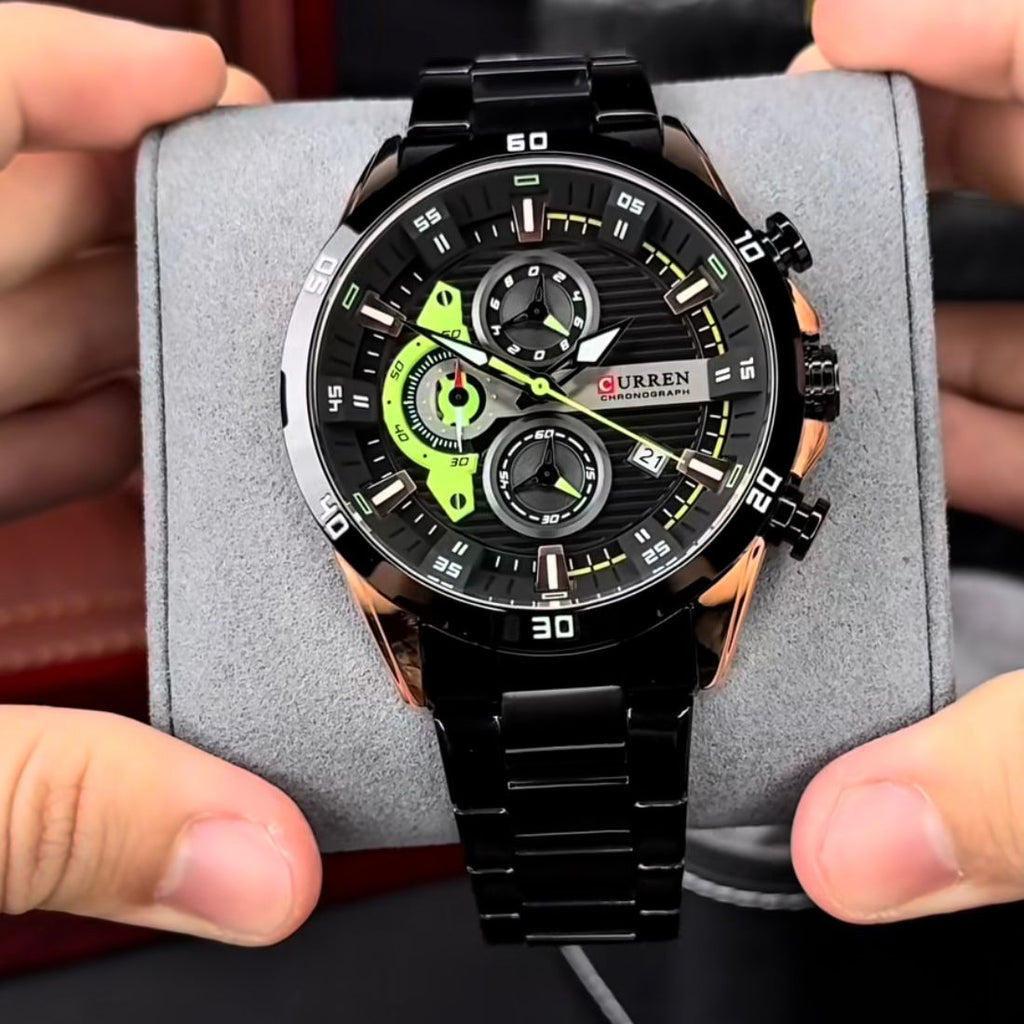 Men’s Luxury Chronograph Watch – BLACK Stainless Steel Sports Wristwatch
