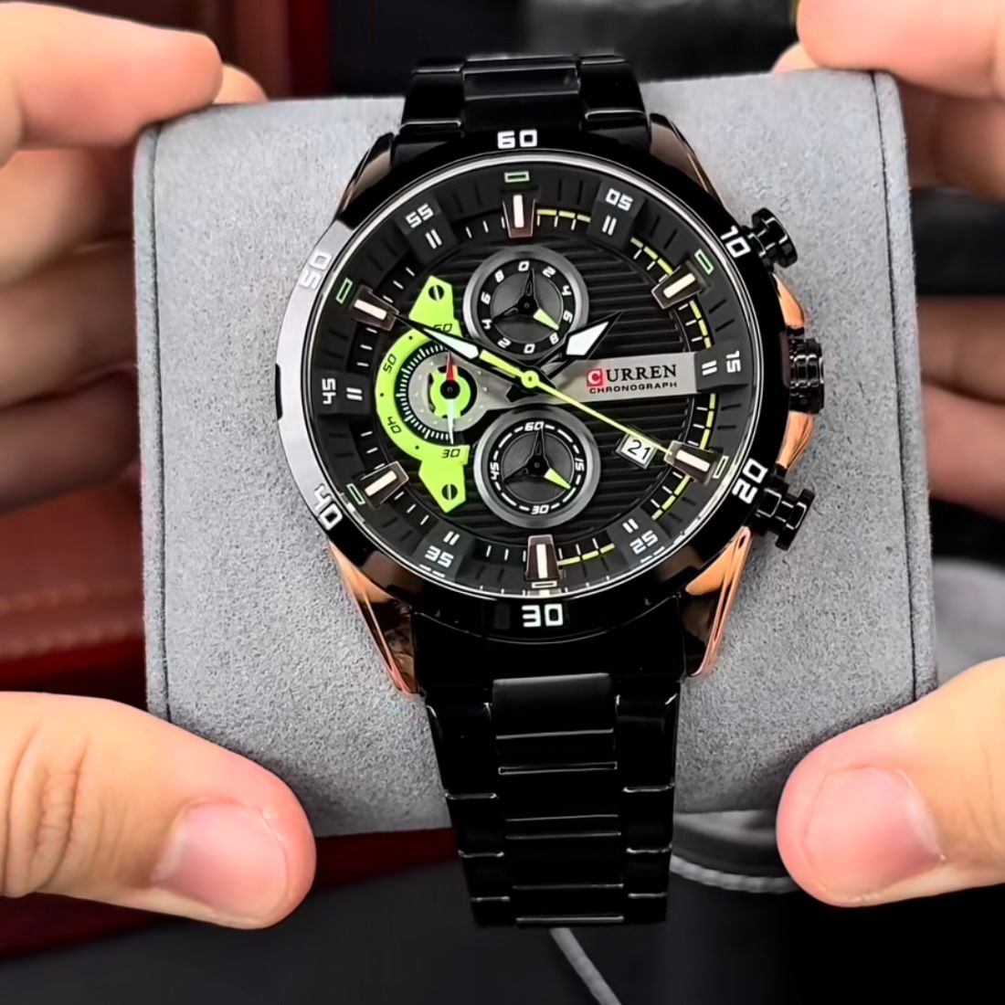 Men’s Luxury Chronograph Watch – BLACK Stainless Steel Sports Wristwatch