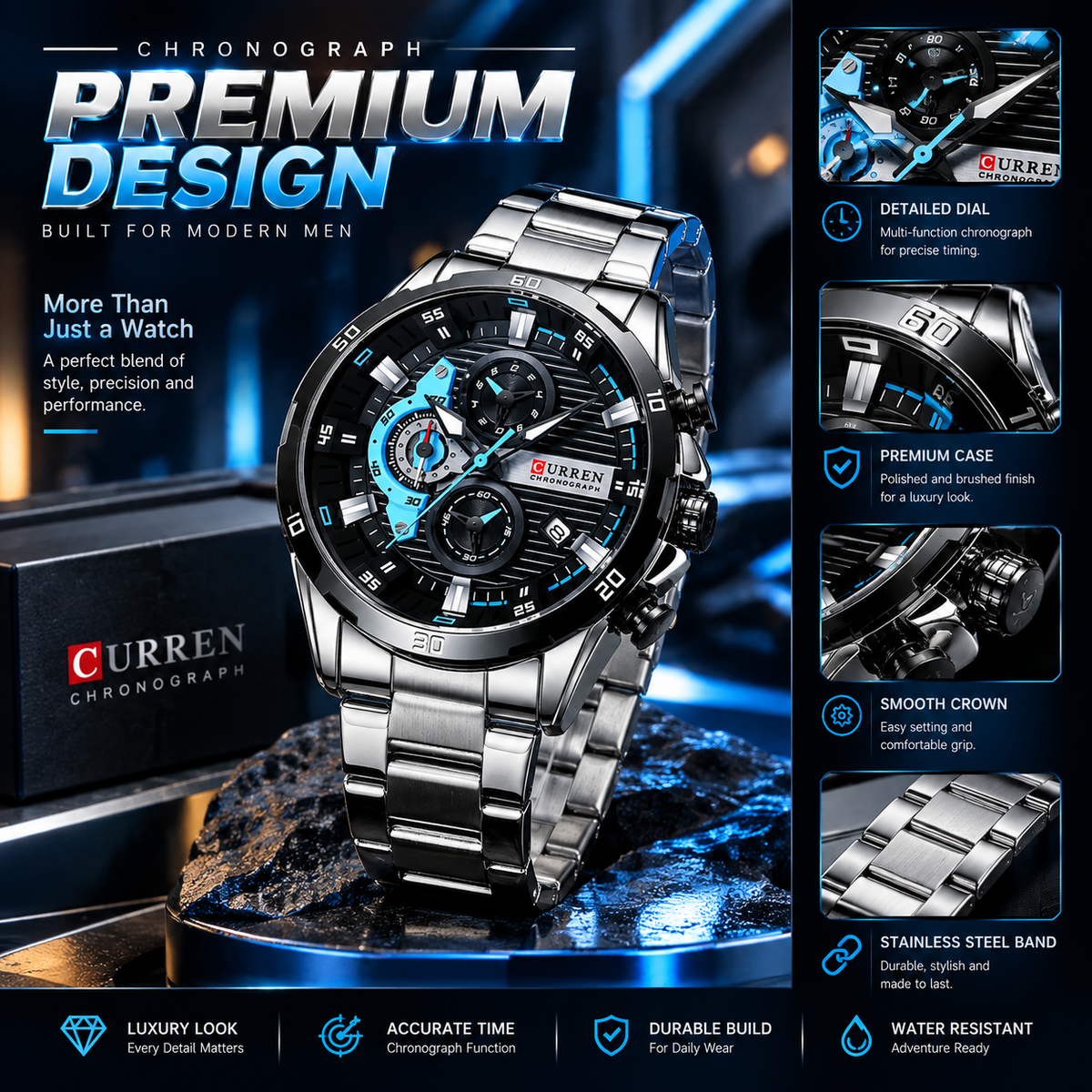 Men’s Luxury Chronograph Watch – Stainless Steel Wristwatch